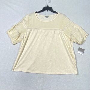 Falls Creek Crochet Mixed Top Women's 3X Cream Short Sleeve Stretch Pullover NWT